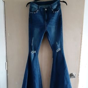 Super Flare High Waisted Fringe Denim Baby Doll Bell Bottoms